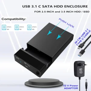 Type-C USB 3.1 Tool-Free External Hard Drive Enclosure Cuddy For 2.5/3.5 Inch SATA HDD/SSD, Supports 16TB+, UASP Acceleration, 5Gbps Transfer Speed, 12V/2A Power Adapter , ABS Material | BLACK 