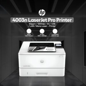 HP LaserJet Pro 4003n Printer with 42 ppm Black Print, 1200 MHz Processor, 256 MB Memory, Mobile Printing, Gigabit Ethernet, 250-Sheet Tray, EcoSmart Energy Efficient