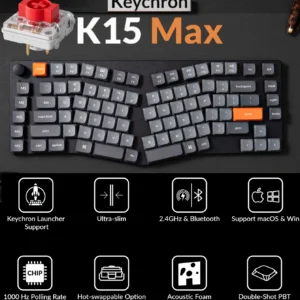 Keychron K15 Max Alice Layout QMK Wireless Mechanical Keyboard With White Backlight, Low-Profile Gateron RED Switches, Ergonomic 75% Layout, Triple Connectivity, Non-Hot-Swappable | K15M-A1