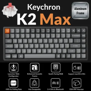 Keychron K2 Max QMK Wireless Mechanical Keyboard With 75% Layout, Super Red Switch, RGB Backlight, 2.4GHz/BT/Wired, Hot-Swappable Option, Double-Shot PBT Keycaps for macOS / Windows / Linux | K2M-J1  