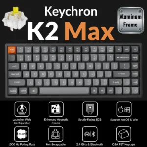 Keychron K2 Max QMK Wireless Mechanical Keyboard With 75% Layout, Super Banana Switch, RGB Backlight Aluminum Frame, 2.4GHz/BT/Wired, Hot-Swappable Option, Double-Shot PBT Keycaps for  macOS / Windows / Linux | K2M-J4