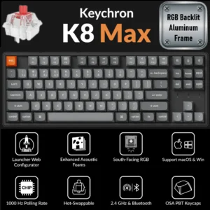 Keychron K8 Max QMK Wireless Mechanical Keyboard 80% TKL Layout, Tri-Mode Connectivity, RGB Backlit Aluminum Frame, 1000Hz Polling, Hot-Swappable Super Red Switches, OSA PBT Keycaps, Mac/Win/Linux Compatible | K8M-J1