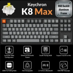 Keychron K8 Max QMK Wireless Mechanical Keyboard 80% TKL Layout, Tri-Mode Connectivity, RGB Backlit Aluminum Frame, 1000Hz Polling, Hot-Swappable Super Banana Switches, OSA PBT Keycaps, Mac/Win/Linux Compatible | K8M-J4 