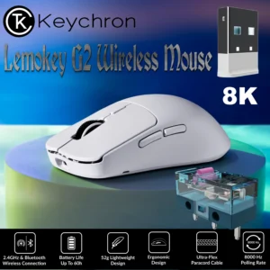 Keychron Lemokey G2 Wireless Gaming Mouse, White, PixArt 3950 Sensor, 8K Polling, 30K DPI, Huano Switches, 80M Clicks, 2.4GHz/Bluetooth/Wired, 52g Ultra-Lightweight, 300mAh Battery for macOS & Windows | WHITE G2-A2