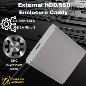 2.5 Inch SATA To USB 3.0 Micro-B External HDD/SSD Enclosure Caddy With CNC Aluminum Shell, 6Gbps Speed, Plug & Play, Tool-Free Design | GREY – Case Only 