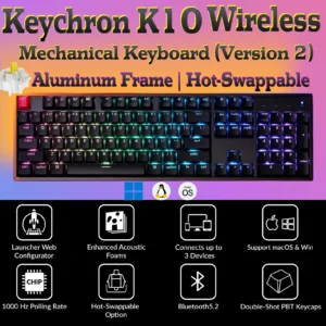 Keychron K10 QMK Wireless Mechanical Keyboard Version 2 With RGB Backlit Aluminum Frame, Hot-Swappable Super Banana Switches, Cherry PBT Keycaps, Bluetooth 5.2, Zero Lag ARM Cortex-M3 MCU 1000 Hz, for macOS Windows Linux