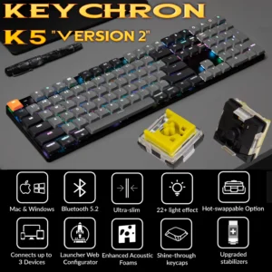 Keychron K5 QMK Wireless Mechanical Keyboard (Version 2) ; 100% Layout ; RGB Backlit ; Gateron Low-profile MX  Banana Switch ; Hot-Swappable ; Ultra-Slim ; Powerful ARM MCU ; Bluetooth 5.2 (up to 3 devices) ; Mac Windows Linux Compatible