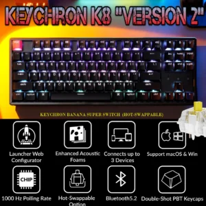 Keychron K8 QMK Wireless Mechanical Keyboard V2 With RGB Backlit, Aluminum Frame, Hot-Swappable Banana Super Switches, Bluetooth 5.2, (80% TKL) Layout, Double-Shot PBT Keycaps , QMK + VIA Programmable , for macOS / Windows / Linux