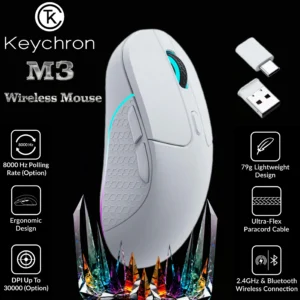 Keychron M3 Wireless RGB Mouse, 1000Hz Polling Rate PixArt PAW3395 Sensor with Programmable Macro Button 26,000 DPI Supports Bluetooth 5.1 / 2.4 Ghz / Wired (type-C cable) , 79g Ultra-Light Ergonomic Design ; Kailh GM 8.0 Micro Switch ; 600mAh Battery ; Windows & macOS | WHITE M3-A3