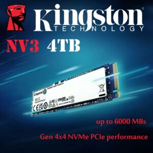 Kingston NV3 4TB PCIe 4.0 NVMe SSD M.2 2280 Interface Internal Solid State Drive, 3D NAND , Blazing Speed up tp 6000 MBs , Gen 4×4 NVMe PCIe Performance | SNV3S/4000G