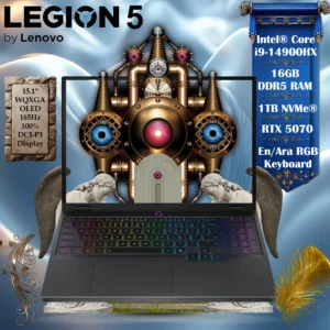 LENOVO AI-Powered Legion 5 15IRX10 Intel® Core i9-14900HX | 16GB DDR5 RAM , 1TB NVMe® SSD | RTX 5070 ; 8GB | 15.1″ WQXGA (2560×1600) OLED 165Hz 100% DCI-P3 Display | 24-Zone RGB Backlit English Arabic Keyboard | DOS | Eclipse Black 