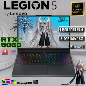 LENOVO AI-Powered Legion 5 15IRX10 Intel® Core i7-14700HX | 16GB DDR5 RAM , 512GB NVMe® SSD | RTX™ 5060 8GB | 15.1″ WQXGA (2560×1600) OLED 165Hz 100% DCI-P3 Display | 24-Zone RGB Backlit Keyboard | Windows® 11 | Eclipse Black