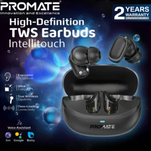 Promate Lush-Pro IntelliTouch True Wireless Earbuds With Bluetooth 5.4, Dual Mic Clarity, 36H Battery Life, IPX4 Water Resistance, 10mm Drivers & Ergonomic Fit | MATTE OBSIDIAN