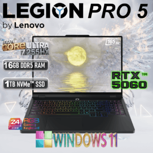 Lenovo AI-Powered Legion Pro 5 16IAX10 Intel® Core Ultra 7 255HX , 13 AI TOPS | 16GB DDR5 RAM ; 1TB NVMe SSD | RTX 5060 (8GB) 572 AI TOPS | 16-inch WQXGA OLED 100% DCI-P3, 165Hz Display | Windows 11 Home | Eclipse Black