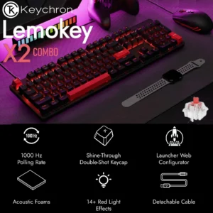 Keychron Lemokey X2 QMK Wired Mechanical Keyboard & M55 Mouse COMBO  – With 100% Layout, Red Backlight, Keychron RED Switches, Acoustic Foam, OEM Shine-Through Keycaps & 1000Hz Polling Rate | X2-C1