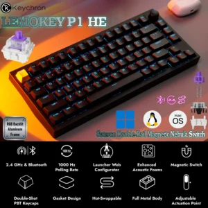 KEYCHRON Lemokey P1 HE Wireless Magnetic Switch Custom Gaming Keyboard With Knob, Tri-Mode Connectivity, Shine-Through RGB PBT Keycaps, Gateron Double-Rail Magnetic Nebula Switch, 1000Hz Four-in-One Key Action , Analog Mode, Full metal body, Mirror-polished rear | P1H-M1