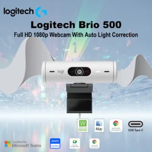 Logitech Brio 500 Full HD 1080p Webcam With Auto Light Correction RightLight 4, Auto-Framing RightSight, Show Mode, Dual Noise Reduction Mics, Privacy Cover, Compatible with USB-C Devices Windows / macOS / ChromeOS / Nintendo Switch 2 Console | Pearl White
