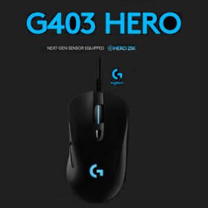 Logitech G403 Hero 25K Gaming Mouse –  Lightsync RGB – Lightweight 87G – Braided Cable – 25,600 DPI – 6 Programmable Buttons – Rubber Side Grips – Black