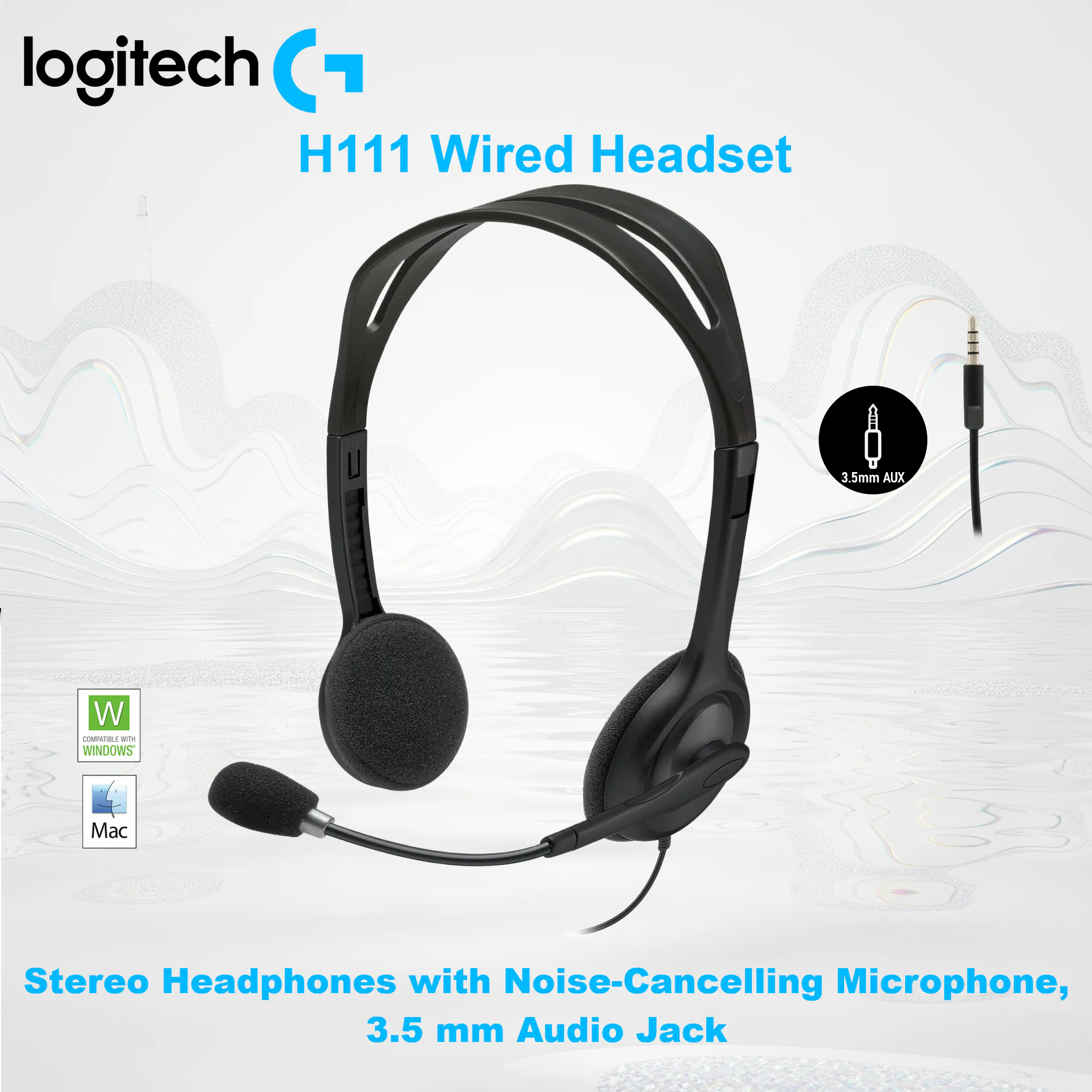 Logitech H111 Wired Headset With Stereo Sound, Noise-Reducing Rotating Microphone, Adjustable Lightweight Headband, 3.5mm Audio Jack, Multi-Device Compatibility
