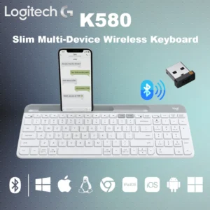 Logitech K580 Slim Multi-Device Wireless Keyboard – Compact Modern Design With Number Pad, Easy-Switch Bluetooth & 2.4 GHz USB Connectivity, Quiet Laptop-Style Keys, Supports Windows /macOS/ iOS /Android /Linux/ ChromeOS/ iPadOS  | PEARL WHITE 