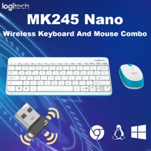 Logitech MK245 Nano Wireless Keyboard And Mouse Combo – Mini Space-Saving Design, Spill-Resistant Keys, Ambidextrous Optical Mouse, 36-Month Keyboard Battery, USB Receiver, Supports Windows®/ ChromeOS/ Linux  | White & Cyan 