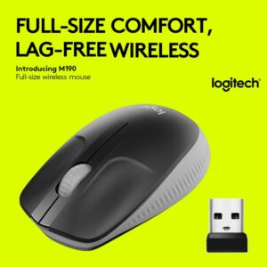 Logitech Wireless Mouse M190, Full Size Ambidextrous Curve Design, 18-Month Battery With Power Saving Mode, USB Receiver, Precise Cursor Control + Scrolling, Wide Scroll Wheel, Scooped Buttons – Black