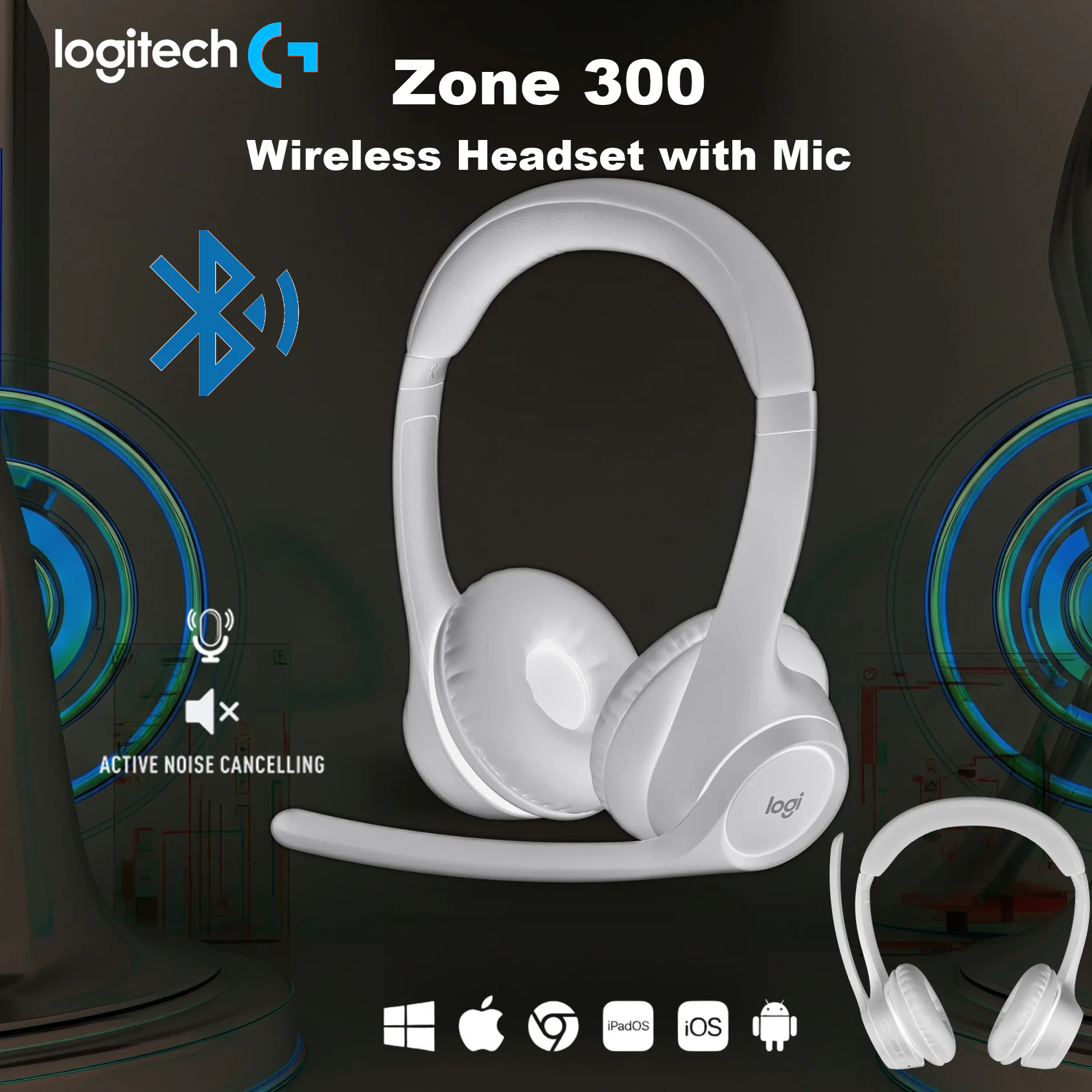 Logitech Zone 300 Wireless Headset – Lightweight Bluetooth Headphones With Noise-Canceling Dual Mics, Multipoint Connectivity, 20H Battery, Logi Tune, for Windows/ macOS/ ChromeOS/ iOS/ iPadOS/ Android/ Chromebook | PEARL WHITE