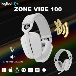Logitech Zone Vibe 100 Lightweight Wireless Over Ear Headphones with Noise Canceling Microphone, Advanced Multipoint Bluetooth Headset, Works with Teams, Google Meet, Zoom, Mac/PC | OFF-WHITE