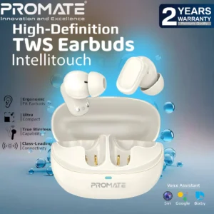 Promate Lush-Pro IntelliTouch True Wireless Earbuds With Bluetooth 5.4, Dual Mic Clarity, 36H Battery Life, IPX4 Water Resistance, 10mm Drivers & Ergonomic Fit | IVORY WHITE