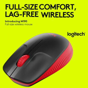 Logitech Wireless Mouse M190, Full Size Ambidextrous Curve Design, 18-Month Battery with Power Saving Mode, USB Receiver, Precise Cursor Control + Scrolling, Wide Scroll Wheel, Scooped Buttons – Red