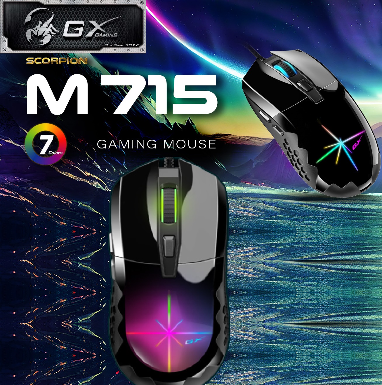 GX Scorpion M715 RGB Gaming Mouse – Colorful Breathing 3D RGB – USB Wired 1.8 m Braided Cable – 6 Programmable Buttons – Instant DPI Switching 800, 1600, 2400, 3200, 4800, 7200 | Black