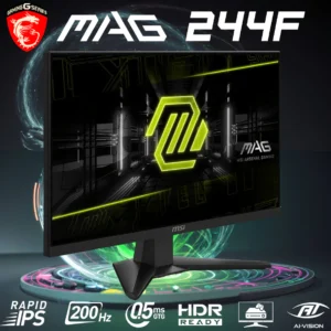 MSI MAG 244F 24″ FHD 200Hz Rapid IPS Flat Gaming Monitor, 0.5ms Response, Adaptive Sync, HDR Ready, AI Vision, Anti-Flicker, HDMI/DP, VESA Mount, Less Blue Light | 3 MONTHS WARRANTY