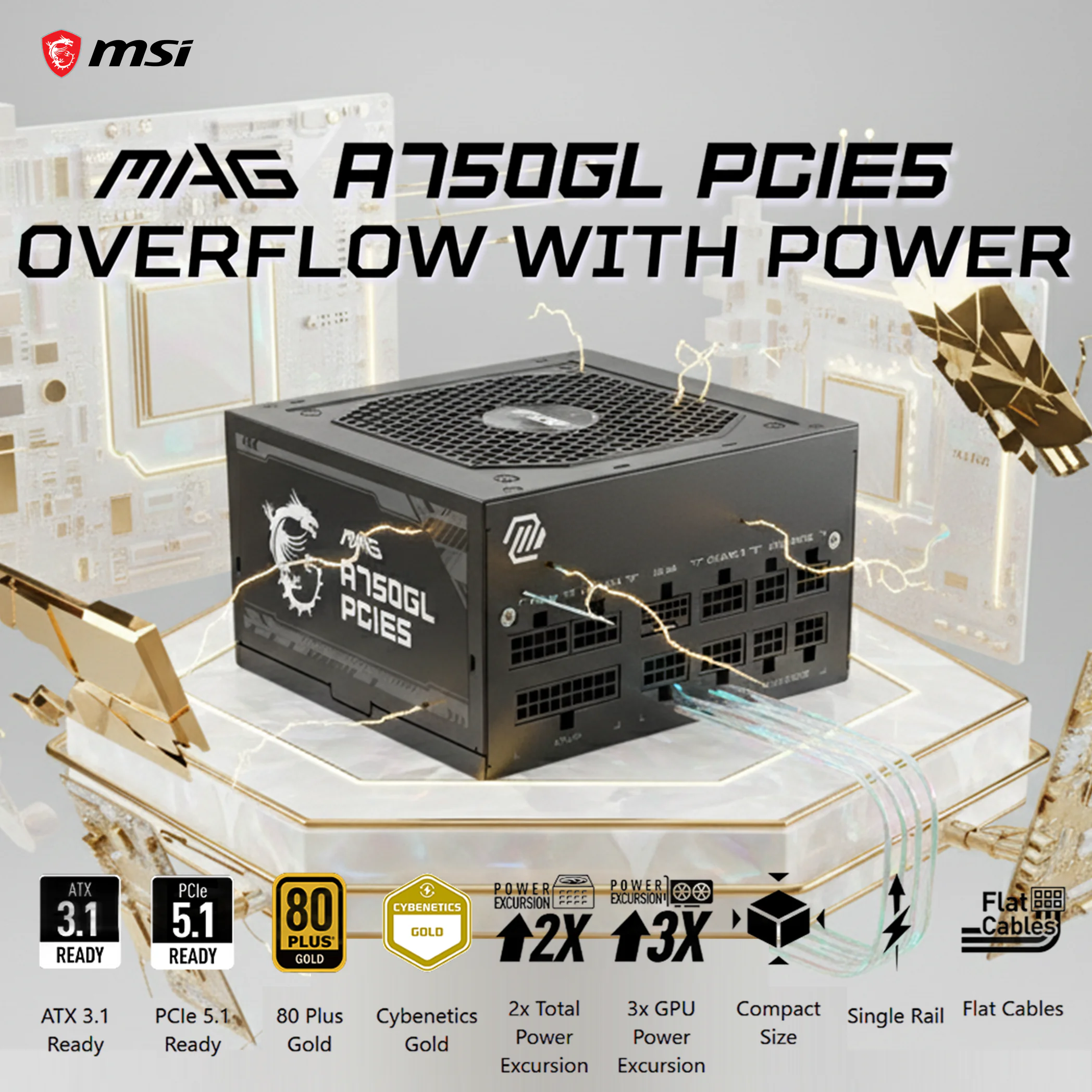 MSI MAG A750GL PCIE5 ATX 3.1 Ready Full Modular PSU With PCIe 5.1 Support, 80 PLUS Gold Efficiency, Flat Cables, 120mm Fluid Dynamic Fan, 750W, Industrial Protection