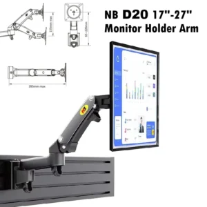 NB D20 Monitor Wall Mount Arm – 17″–27″ Display Support, 360° Rotation, Tilt +35°/-50°, 2–7kg Load, Partition Wall Gas Strut Monitor Mount , VESA 75/100mm, Cable Management, Aluminum Steel Build