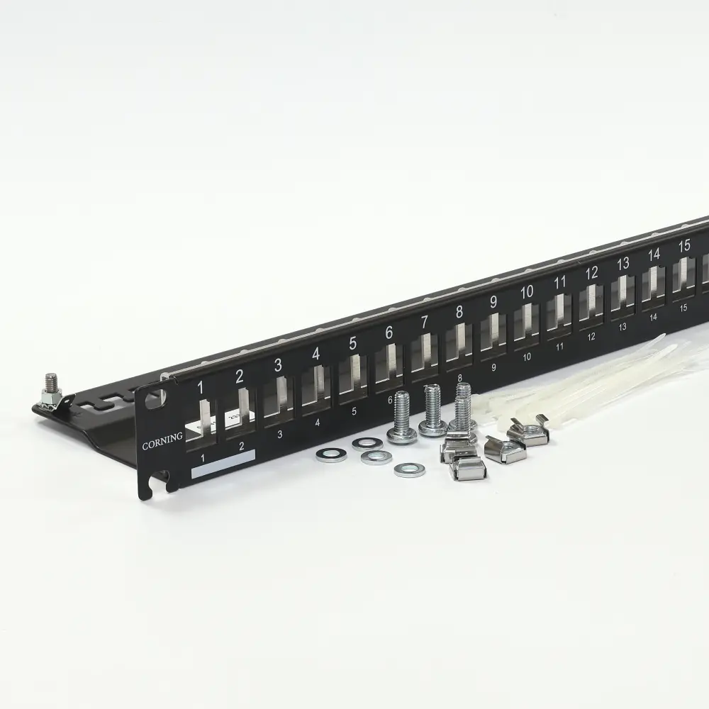 CORNING 3M Everon 24-Port Patch Panel | 1U Rack-Mount | Aluminum Housing | Grounding Kit Included | Universal 19″ Rack | Integrated Cable Strain Relief