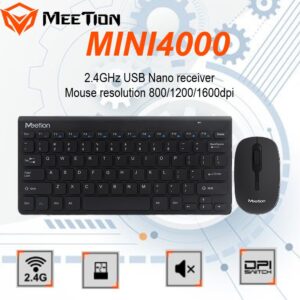 MEETION MINI4000 2.4 GHz WIRELESS COMBO Keyboard & Mouse Set ; Plug & Play USB Nano Receiver ; Mute Button Design ; 800-1200-1600 Adjustable DPI Switch ; 12 Multimedia Keys ; Mute Button Design ; Win XP/Vista/7/8/10/11/MAC OS | BLACK