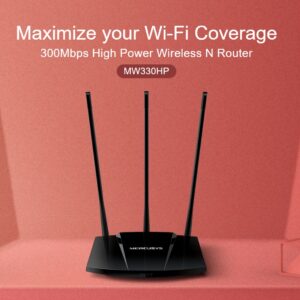 MERCUSYS MW330HP 300Mbps High Power Wireless N Router with Three 7dBi Antennas ; TURBO, WPS/RESET Buttons  ; up to 2x Transmission Power PA CPU Chip ; Easy Setup with MERCUSYS App with iOS or Android devices