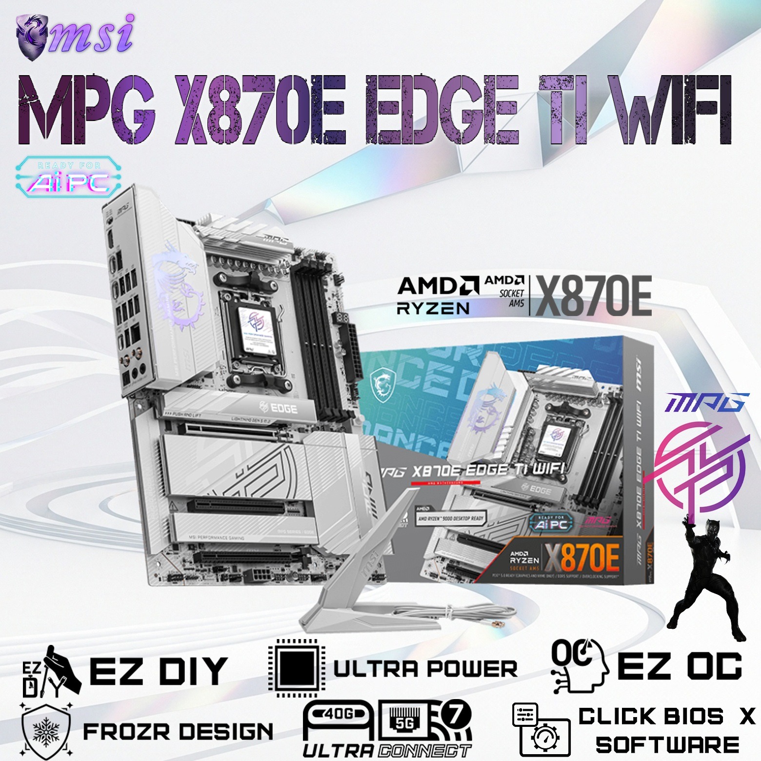 MSI MPG X870E EDGE TI WiFi ATX Motherboard – AMD Ryzen 9000 / 8000 / 7000 Series Support | DDR5 8400+ MHz | Wi-Fi 7 & 5G LAN | PCIe 5.0 | USB4 | 14+2+1 Power Design | Frozr Cooling & Mystic Light