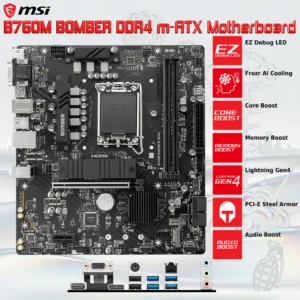 MSI B760M BOMBER DDR4 M-ATX Motherboard With Intel 12th 13th Gen CPU Support, Dual Channel DDR4 4800+MHz, PCIe 4.0, Dual M.2 Shield Frozr, 2.5G LAN, Audio Boost ~ – 1 Year Warranty