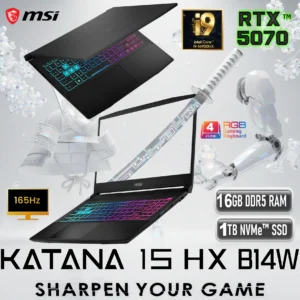 MSI Katana 15 HX B14WGK Intel® Core i9-14900HX | 16GB DDR5 RAM ; 1TB NVMe SSD | RTX™ 5070 , 8GB | 15.6″ QHD (2560×1440), 165Hz, IPS  Display | 4-Zone RGB Backlit Keyboard EN/AR | DOS | BLACK
