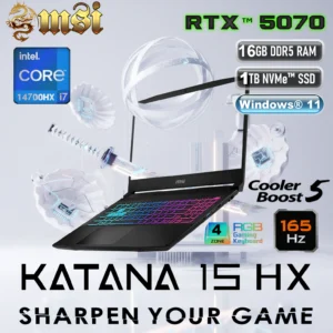 MSI Katana 15 HX B14WGK Intel® Core™ i7-14650HX | 16GB DDR5 RAM ; 1TB NVMe SSD | RTX™ 5070 , 8GB | 15.6″ QHD (2560×1440), 165Hz, IPS  Display | 4-Zone RGB Backlit Keyboard | Windows 11 Home | BLACK