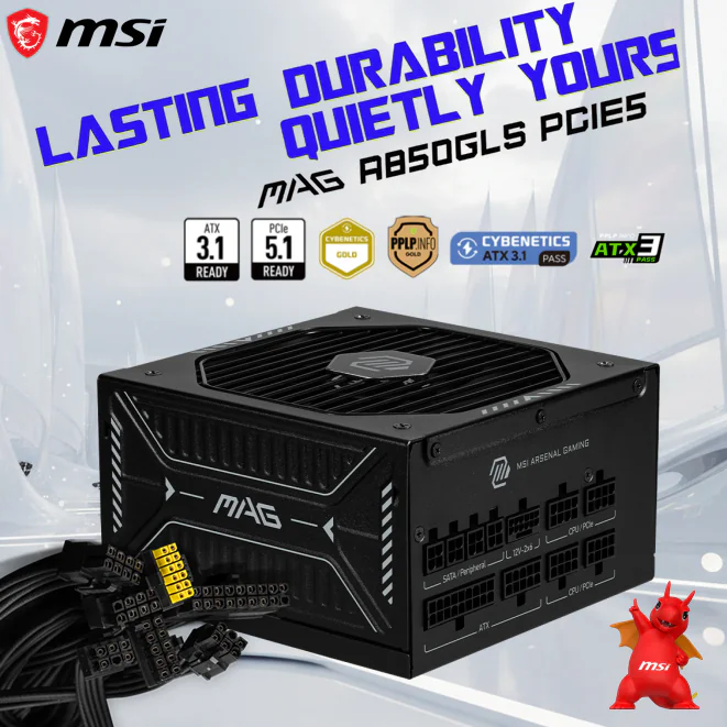 MSI MAG A850GLS PCIe 5.1 ATX 3.1 Power Supply 850W | 80 Plus Gold | Native 12V-2×6 GPU Connector | Modular Cables | 135mm FDB Fan | Ultra Quiet & Durable