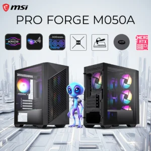 MSI Pro Forge M050A Mini Tower Case, Micro-ATX/ITX Support, 4 Auto RGB Fans, 300mm GPU, 160mm CPU Cooler, 240mm Radiator, Tempered Glass, Tool-Free, Dust Filters