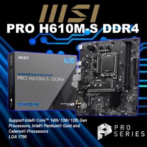 MSI PRO H610M-S DDR4 Motherboard, Micro-ATX – Support 14th/13th/12th Gen Intel Core Processors, LGA 1700, 1x PCIe 4.0 x16 Slot, 1 x M.2 Gen3, USB 3.2 Gen1, 1G LAN, HDMI 1.4 & VGA | USED