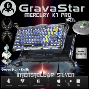 GravaStar Mercury K1 Pro Interstellar 75% Tri-Mode Connectivity Mechanical Keyboard With Gasket Mount,  x Kailh Speedy Mint Linear Switches, Dual RGB, PBT Keycaps, 8000mAh Battery,  Aluminum Alloy Exoskeleton, for Windows / macOS | Silver Edition