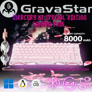 GravaStar Mercury K1 Sakura Pink Special Edition 75% Tri-Mode Connectivity Mechanical Keyboard With Aluminum Alloy Frame, Hot-Swap Kailh Cherry Pink Linear Switches, Dual-Zone RGB, 8000mAh Battery , for Windows, macOS , Linux 