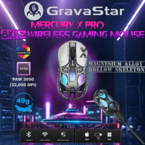 GravaStar Mercury X Pro 8KHz Wireless Gaming Mouse With 32,000 DPI PAW 3950 Sensor, 49g Magnesium Alloy Skeleton, RGB, Tri-Mode, Ergonomic Build & Onboard Profiles | INTERSTELLAR SILVER