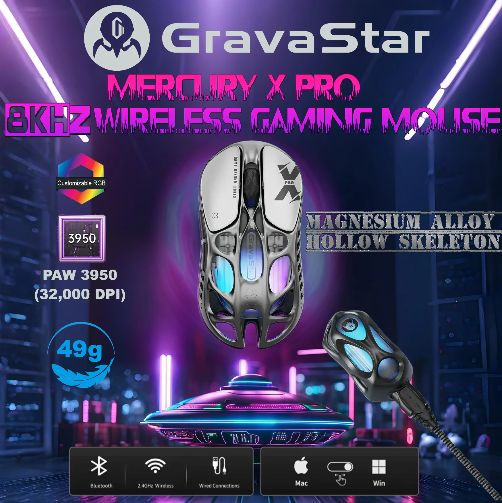 GravaStar Mercury X Pro 8KHz Wireless Gaming Mouse With 32,000 DPI PAW 3950 Sensor, 49g Magnesium Alloy Skeleton, RGB, Tri-Mode, Ergonomic Build & Onboard Profiles | INTERSTELLAR SILVER