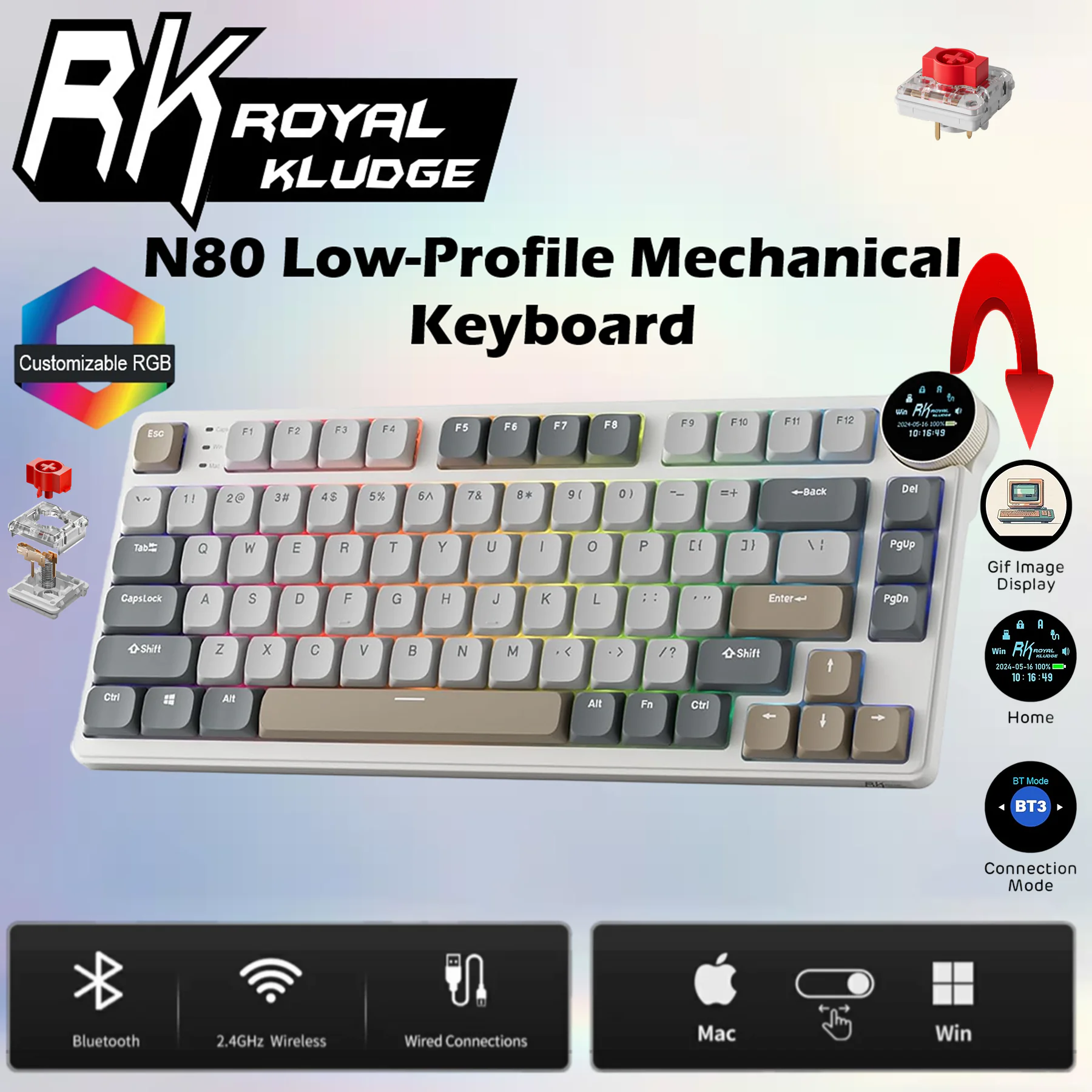 RK ROYAL KLUDGE N80 75% Low-Profile Mechanical Keyboard β Smart Display, Knob, Tri-Mode Wireless, RGB Backlit, Hot-Swap Red/Brown Switches, 3750mAh Battery , Software Support, 75% Top Mount 80 Keys |Β Quiet Red Switch
