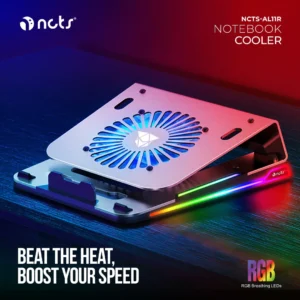 NCTS-AL11R Aluminum RGB Laptop Cooler – 10 RGB Modes, 4 USB Ports, Silent Cooling, 1300RPM One 110mm Fan , Supports Up to 15.6” Laptops | SILVER